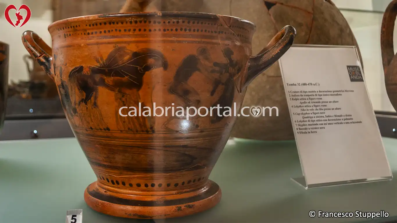 Cup-skyphos a figure nere della Tomba 32 (480-470 a.C.): Quadriga a sinistra, Satiro e Menade a destra