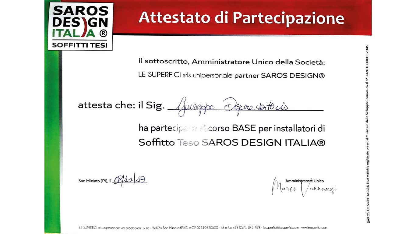 Attestato di Istallatore Soffitto Teso Soros