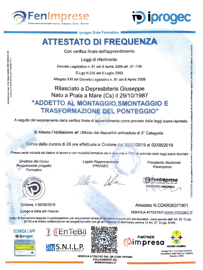 Attestato di Addetto al Montaggio, Smontaggio e Trasformazione del Ponteggio