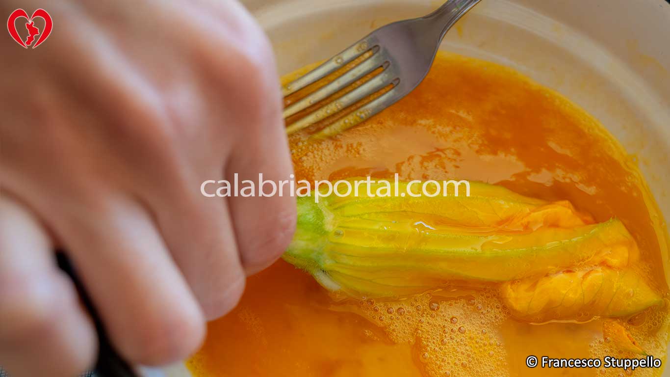 Ricetta dei Fiori di Zucca Ripieni alla Calabrese: passate il fiore nell'uovo sbattuto Ricetta dei Fiori di Zucca Ripieni alla Calabrese: passate il fiore nell'uovo sbattuto